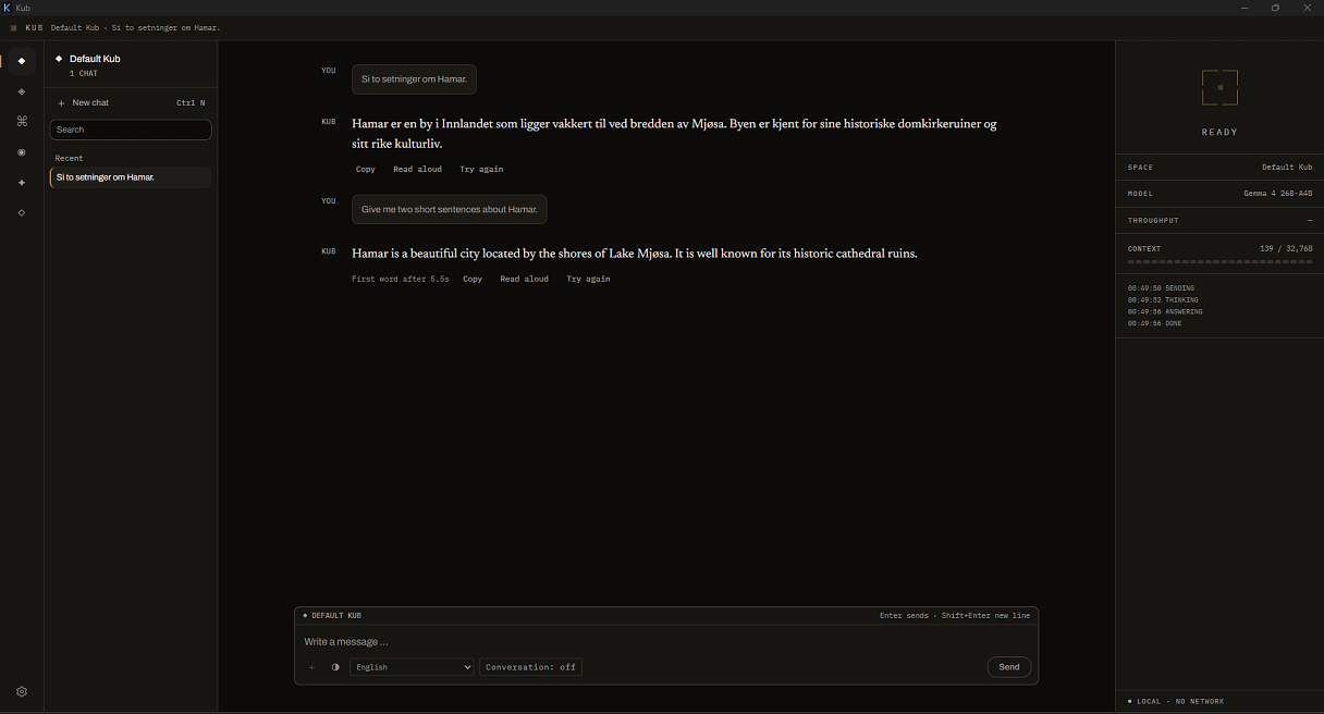Kub's chat window. I ask for two sentences about Hamar in Norwegian, then in English, and Kub answers both. The side panel shows the model, Gemma 4 26B-A4B, how much of the context is in use, and the steps of the last answer; the footer says Local, no network.